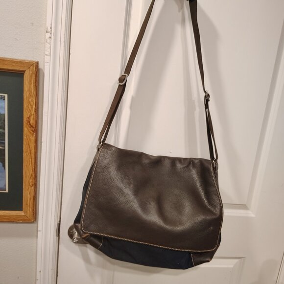 Lambertson Truex crossbody briefcase bag navy blue canvas or cotton and brown le - Picture 5 of 12